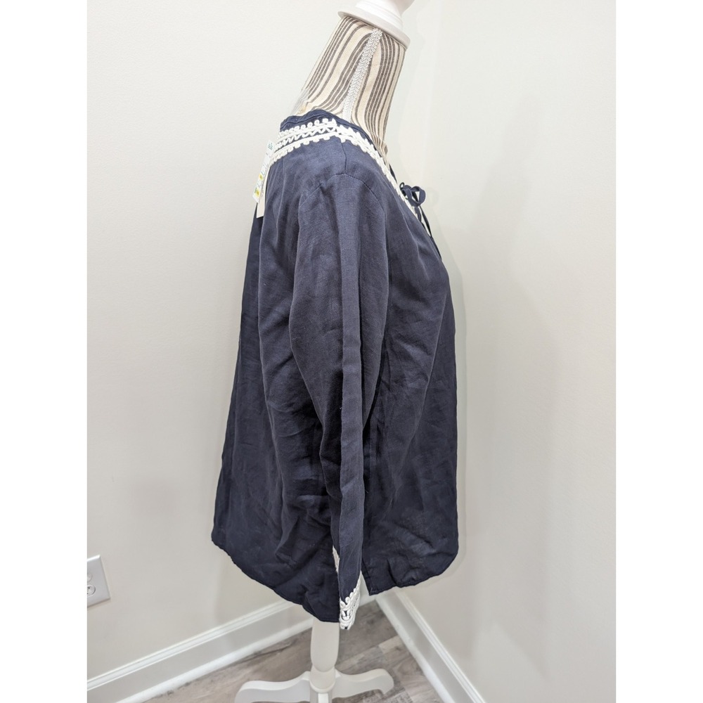 NWT 100% Linen Navy Blue Embroidered Tunic Size XL Boho Cottagecore - Picture 4 of 11